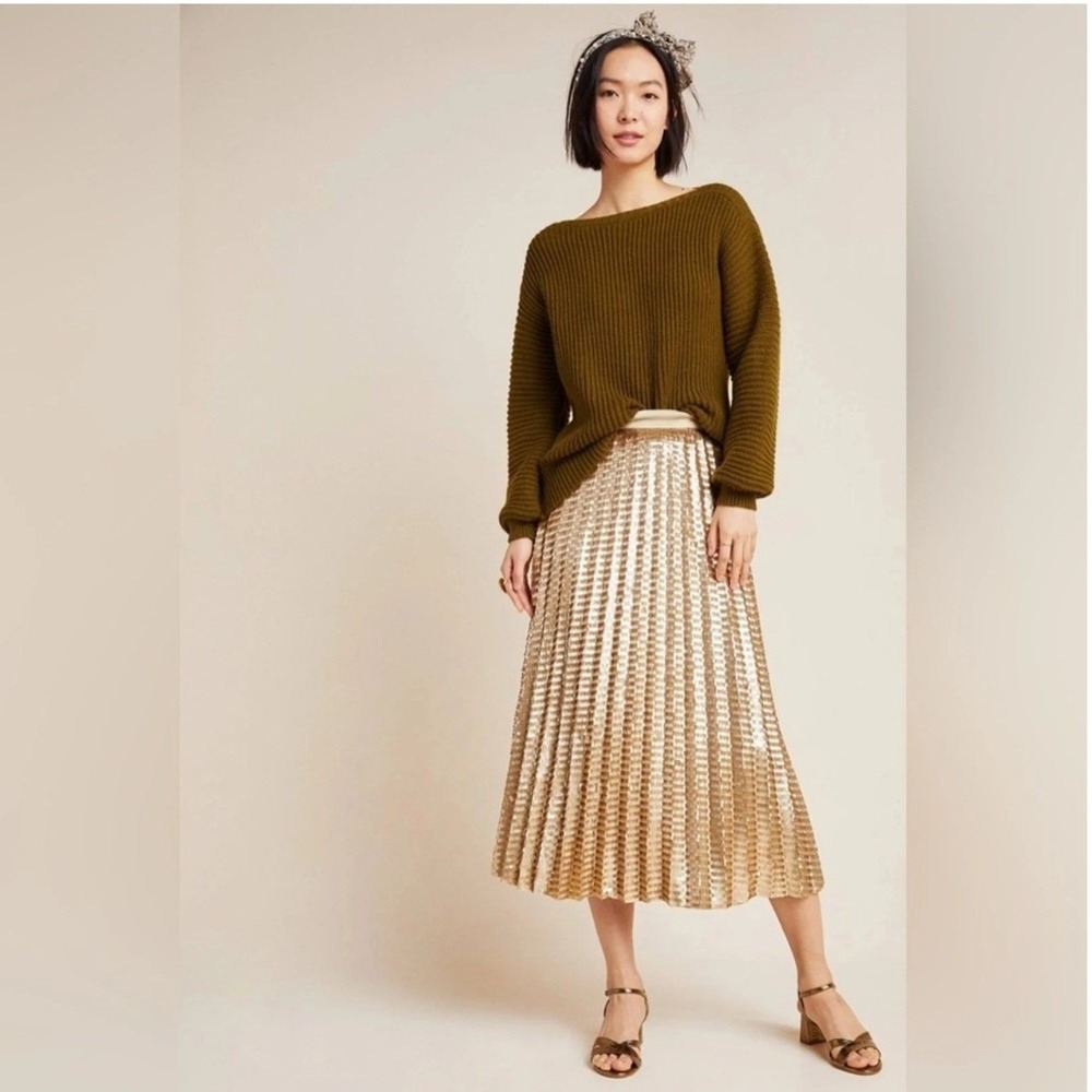 Maeve by Anthropologie Sequin Midi Skirt Champagne Gold Size 0P Petite 0263